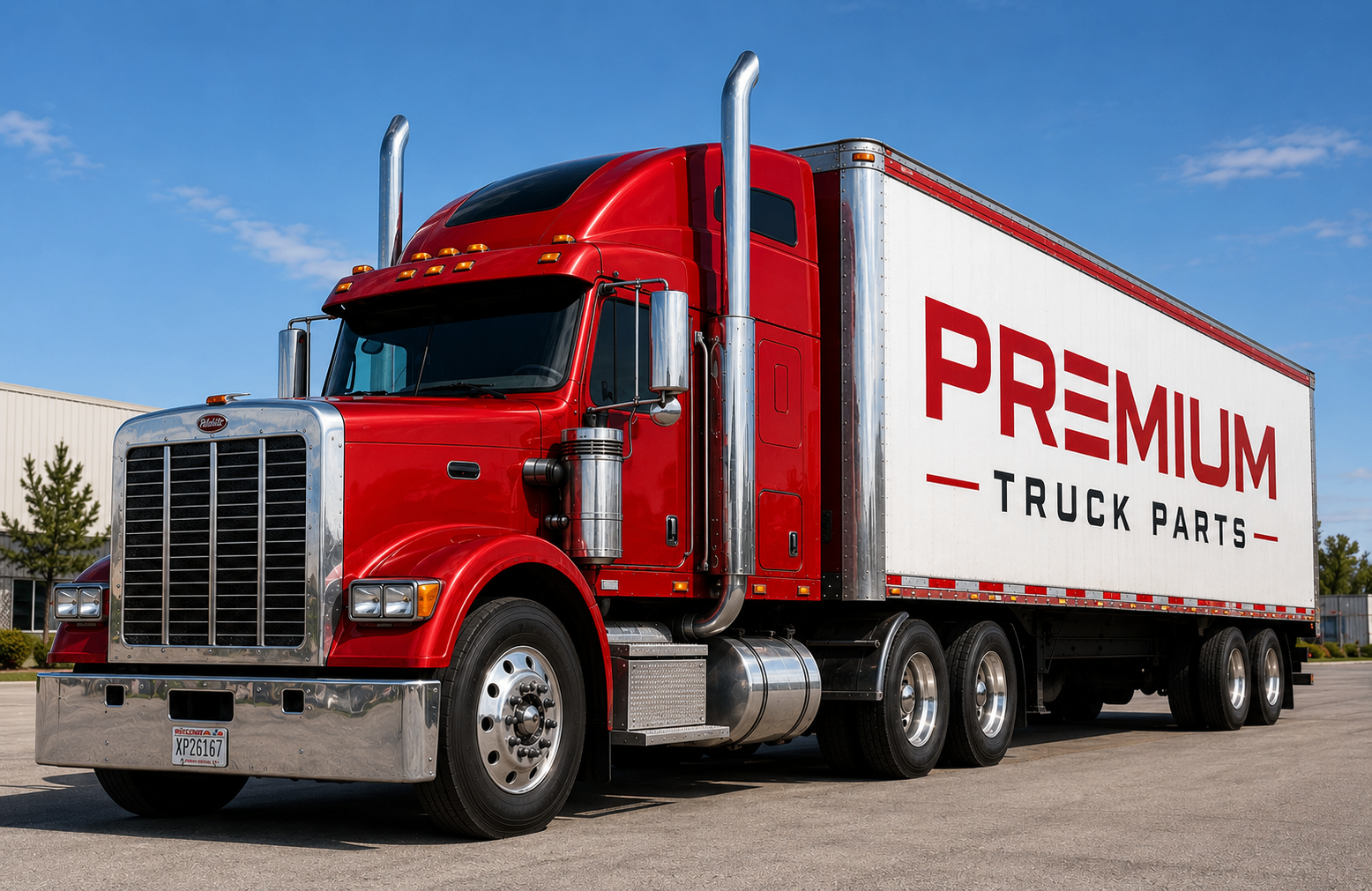 Premium Truck Parts red Peterbilt truck with branded trailer parked at the Gardena shop