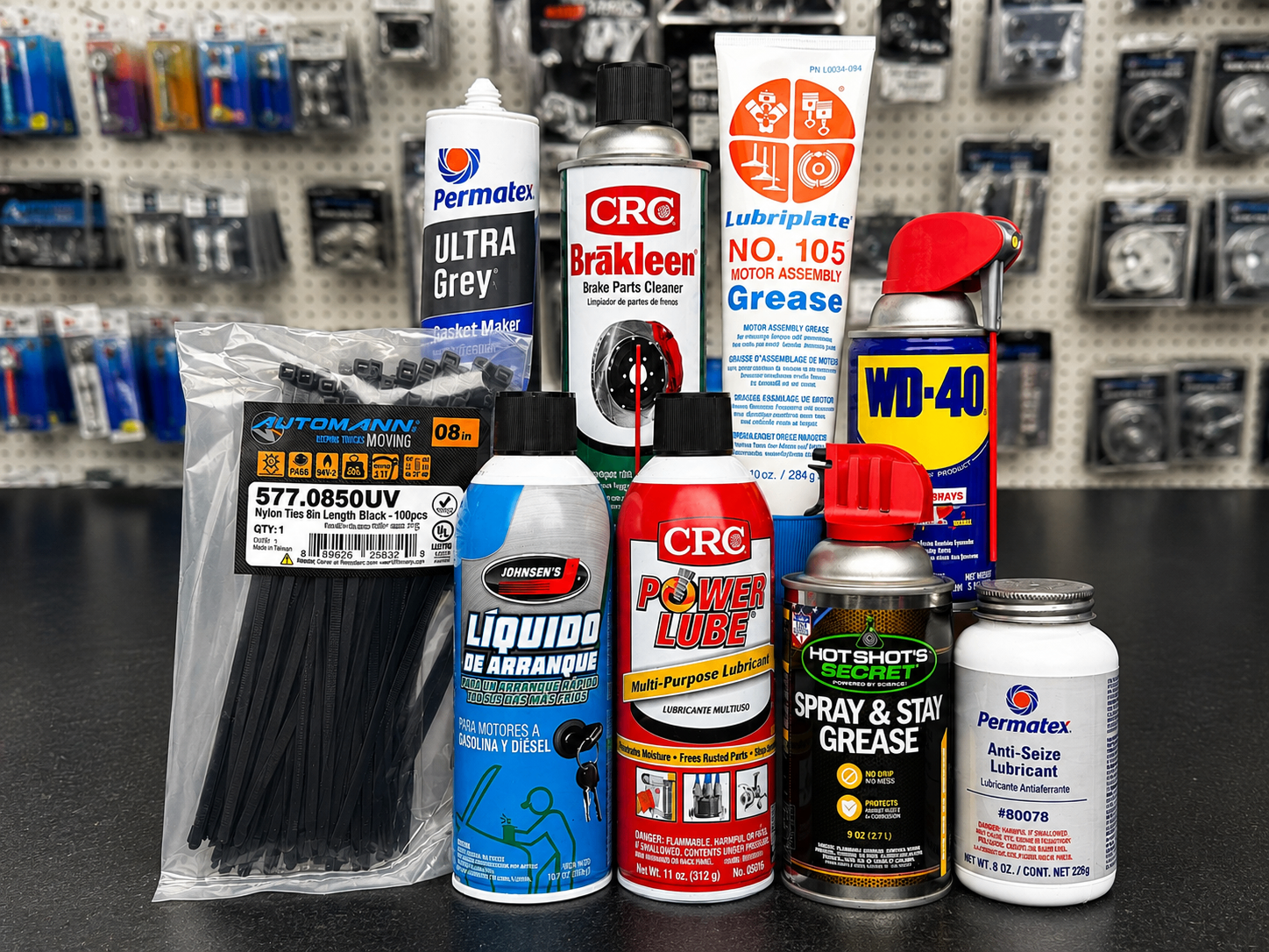 Everyday fleet and shop supplies including gloves, fittings, hoses, and filters.