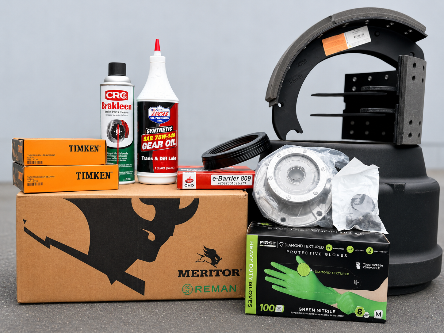 Heavy-duty truck brake kits, drums, hardware, and bearings.