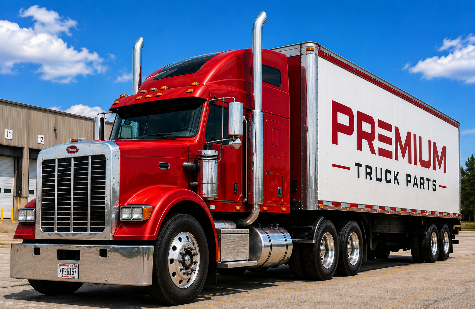 Premium Truck Parts red Peterbilt truck with branded trailer parked at the Gardena shop